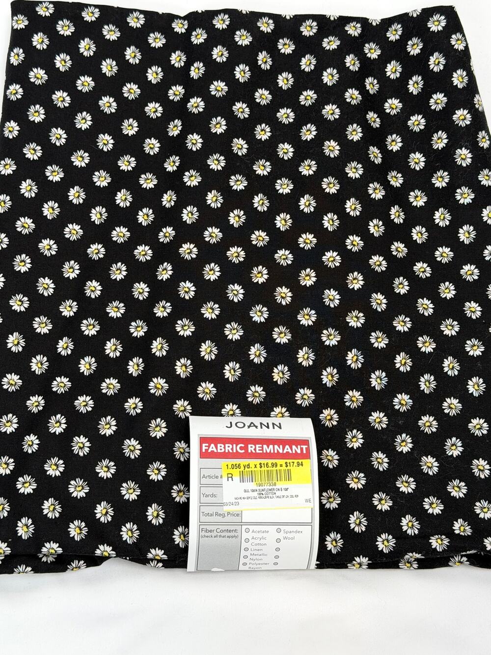 Joann Sunflower Daisy Fabric Black White Floral 100% Cotton 1.056 Yard Sewing